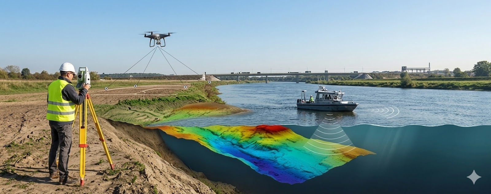 Geodeta PKIG wykonujący pomiary tachimetryczne na brzegu rzeki, z widocznym dronem do fotogrametrii oraz łodzią batymetryczną skanującą dno.